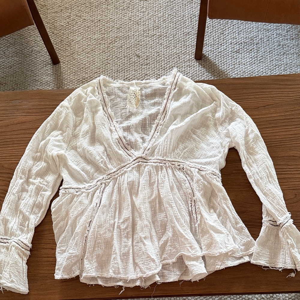 Free People Cream Gauzy V-Neck Peasant Blouse